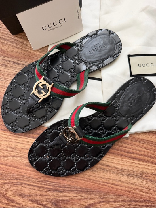 Gucci Shoes - Women’s Gucci Black Embossed GG Leather Thong Sandals with Red-Green Web Size 7